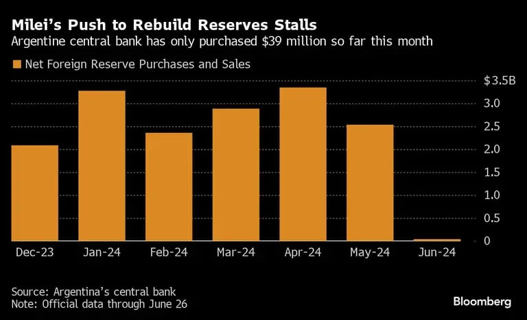 Compras líquidas (compras menos vendas) de dólares para as reservas internacionais da Argentina perdem fôlego em junho de 2024dfd