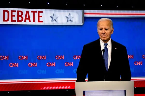 US President Joe Biden during the first presidential debate with former US President Donald Trump, not pictured, in Atlanta, Georgia, US, on Thursday, June 27, 2024. Biden and Trump are facing off for their first 2024 debate, a high-stakes opportunity to break through to politics-weary Americans and one that holds the potential for disastrous missteps. Photographer: Eva Marie Uzcategui/Bloomberg