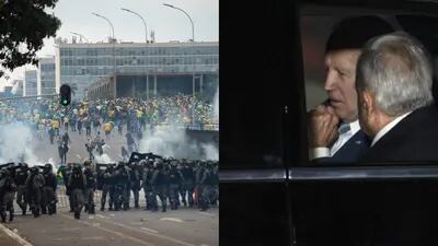 A la izquierda, las manifestaciones en Brasil. A la derecha, el encuentro entre Joe Biden y Andrés Manuel López Obrador.