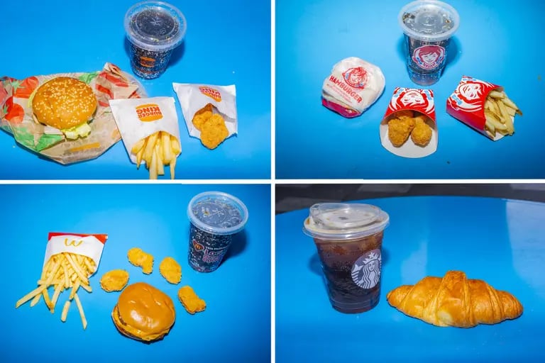 Desde la izquierda: Combos económiocos ofrecidos por Burger King, Wendy's, McDonald's y Starbucks.dfd