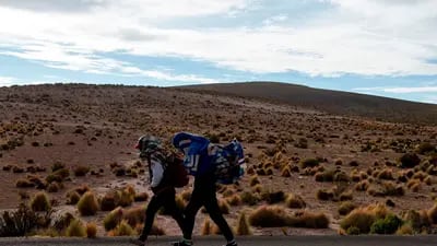 Migrantes venezolanos caminan desde Bolivia hasta Chile.