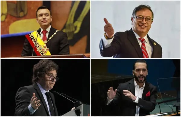 El presidente de Ecuador, Daniel Noboa; de Colombia, Gustavo Petro; de Argentina, Javier Milei, y de El Salvador, Nayib Bukele.