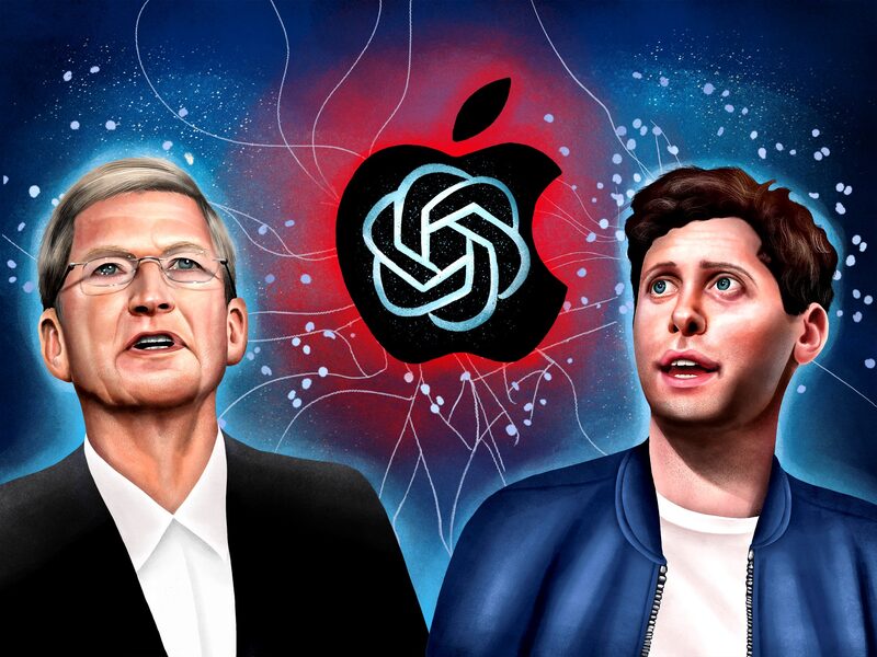 Tim Cook (à esquerda) e Sam Altman: um acordo com a OpenAI deve ser anunciado na conferência de desenvolvedores da Apple na próxima semana (Ilustração: Bloomberg)