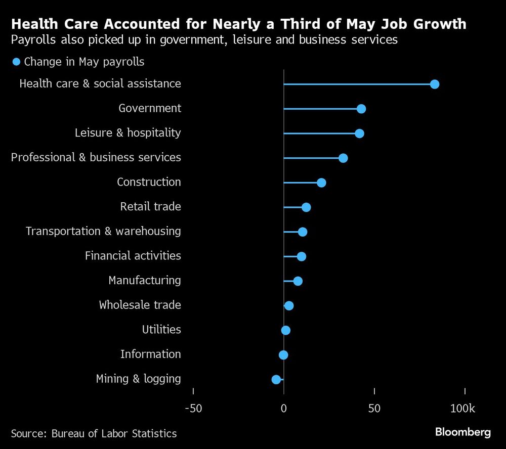 Health Care Accounted for Nearly a Third of May Job Growth | Payrolls also picked up in government, leisure and business services