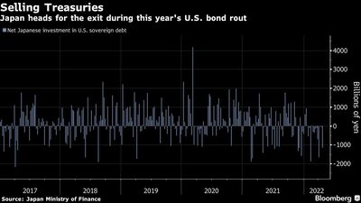 Venta de bonos del Tesoro
Japón se dirige a la salida durante la caída de los bonos estadounidenses de este año
Gris: Inversión neta japonesa en deuda soberana estadounidense