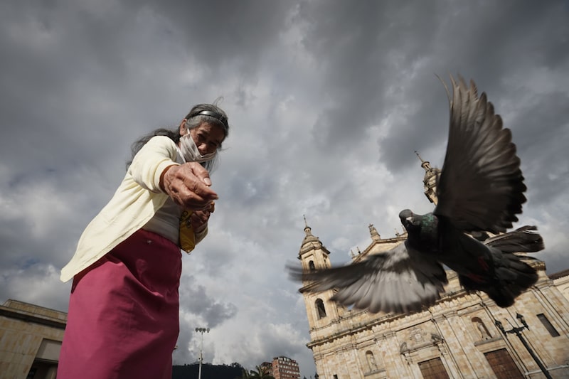 Una persona usa una máscara protectora mientras alimenta palomas en la Plaza de Bolívar en Bogotá, Colombia, el martes 14 de abril de 2020.