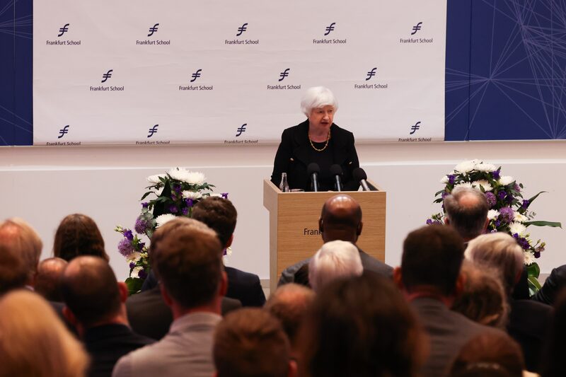 Janet Yellen, secretária do Tesouro dos EUA, em evento nesta semana em Frankfurt, na Alemanha (Foto: Alex Kraus/Bloomberg)