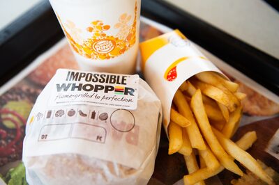 An 'Impossible Whopper' sits on a table at a Burger King restaurant in Richmond Heights, Missouri.