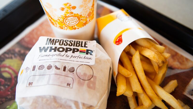 An 'Impossible Whopper' sits on a table at a Burger King restaurant in Richmond Heights, Missouri.