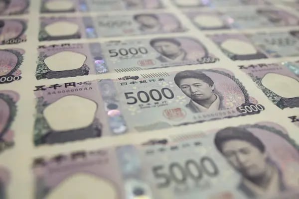 A sheet of newly-designed Japanese 5,000 yen banknotes at the National Printing Bureau Tokyo plant in Tokyo, Japan, on Wednesday, June 28, 2023. The new 10,000-yen, 5,000-yen and 1,000-yen bills will be circulated in the first half of fiscal 2024. Photographer: Kiyoshi Ota/Bloomberg
